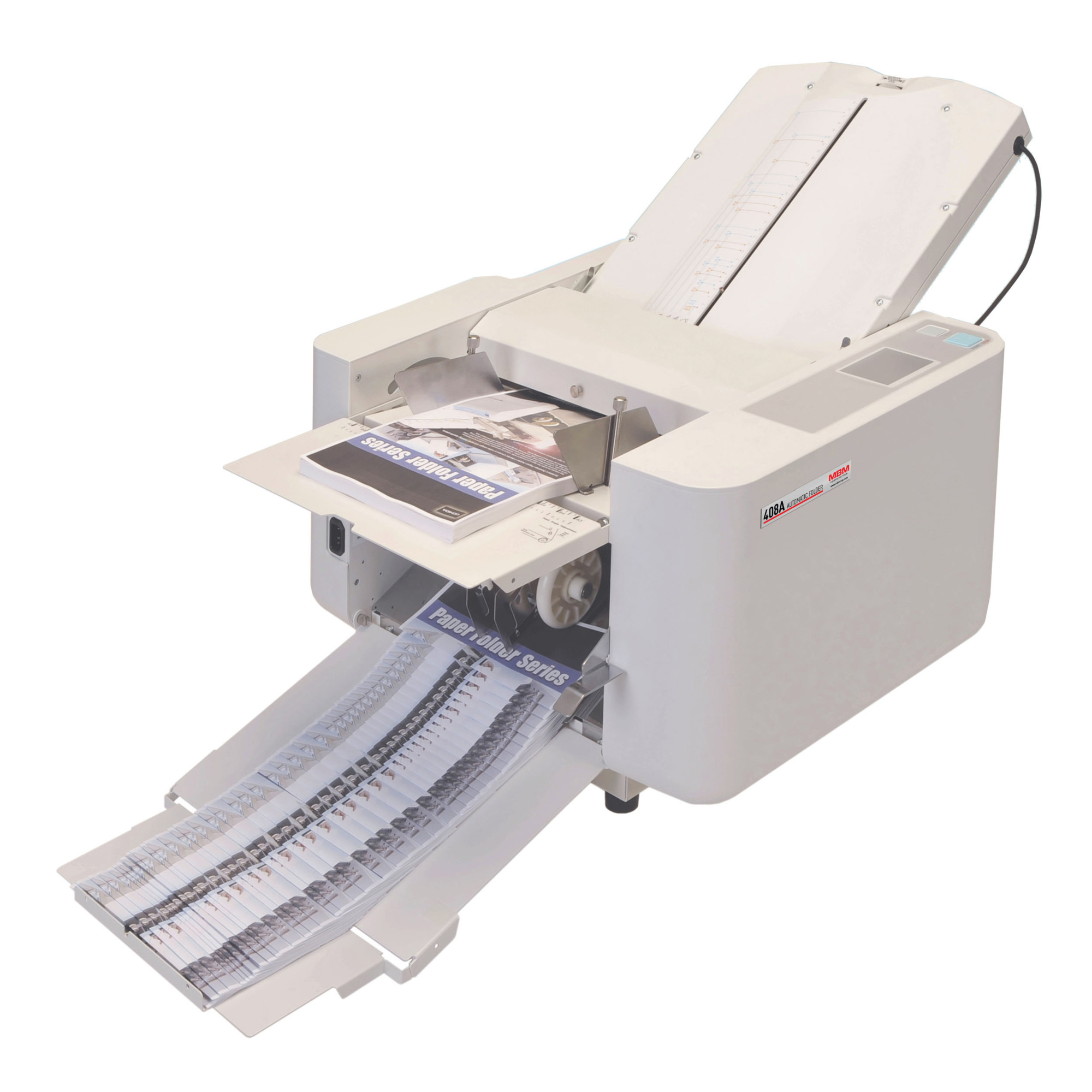 MBM 408A Automatic Paper Folding Machine — 3-Roller Friction Feed, 500-Sheet Capacity, 14,400 Sheets/Hour, 18 Pre-Programmed Folds, LED Touch Screen, Model# 408A